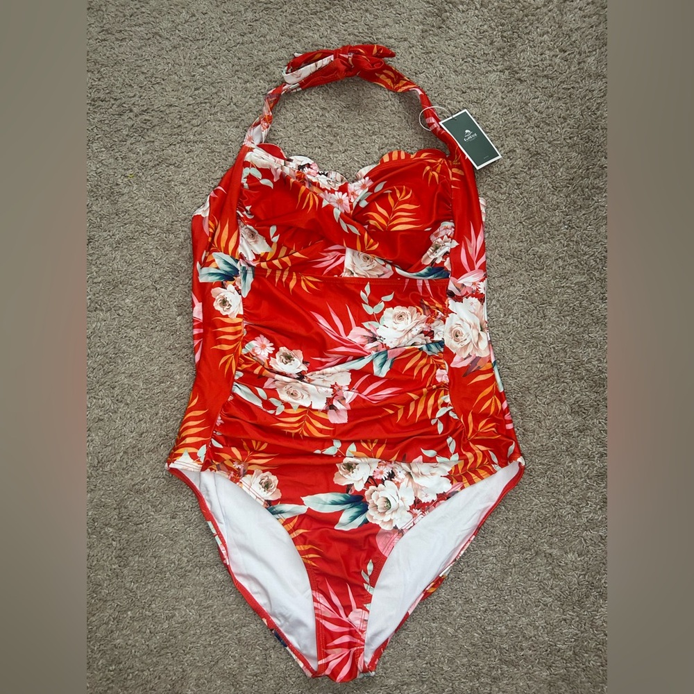 Red Floral Halter One-Piece Swimsuit for Kids - Classic Fit